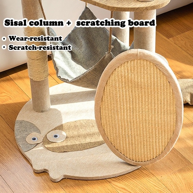 Cute Cat Face Tail Shape Sisal Scratcher Board Large Tall Cat Climbing Frame Tree With Hammock For Indoor Cats