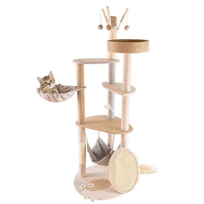 Cute Cat Face Tail Shape Sisal Scratcher Board Large Tall Cat Climbing Frame Tree With Hammock For Indoor Cats