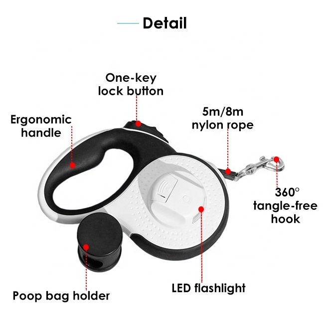 5m 8m Small Medium Dog Training Leash Nylon Rope Heavy Duty Retractable Dog Leash With Flashlight And Poop Bag Dispenser