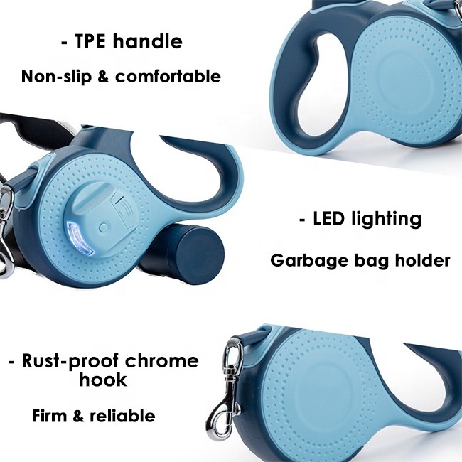 5m 8m Small Medium Dog Training Leash Nylon Rope Heavy Duty Retractable Dog Leash With Flashlight And Poop Bag Dispenser