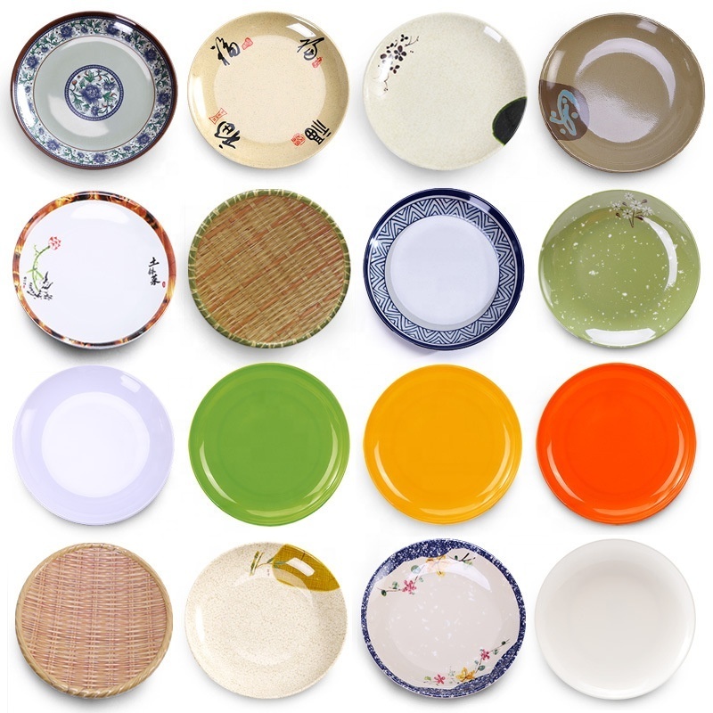 Porcelain-like Colored Melamine Disc Plate Commercial Flat Tableware plastic dishes wholesale dinnerware plastic plates bowls