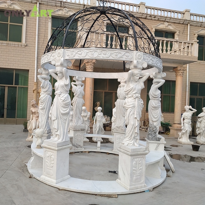 Outdoor Garden Project Round Hollow Marble Gazebo WIth Figure Sculpture