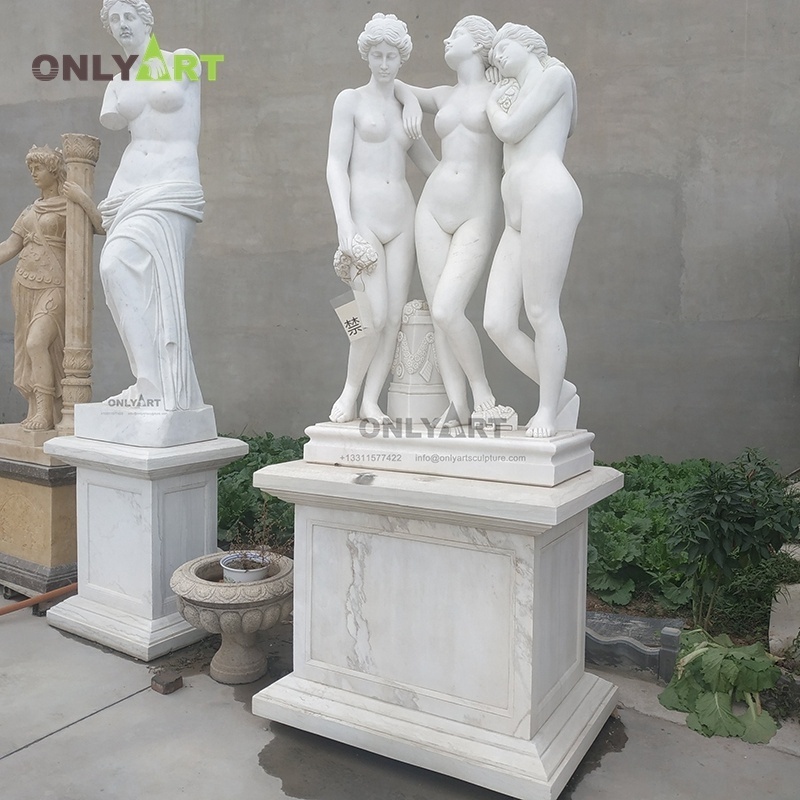 Outdoor Garden White Natural Stone Nude Women Sculpture The Three Graces Marble Lady Statue