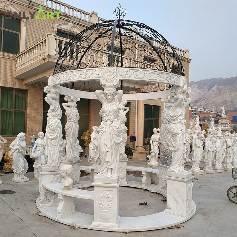 Outdoor Garden Project Round Hollow Marble Gazebo WIth Figure Sculpture