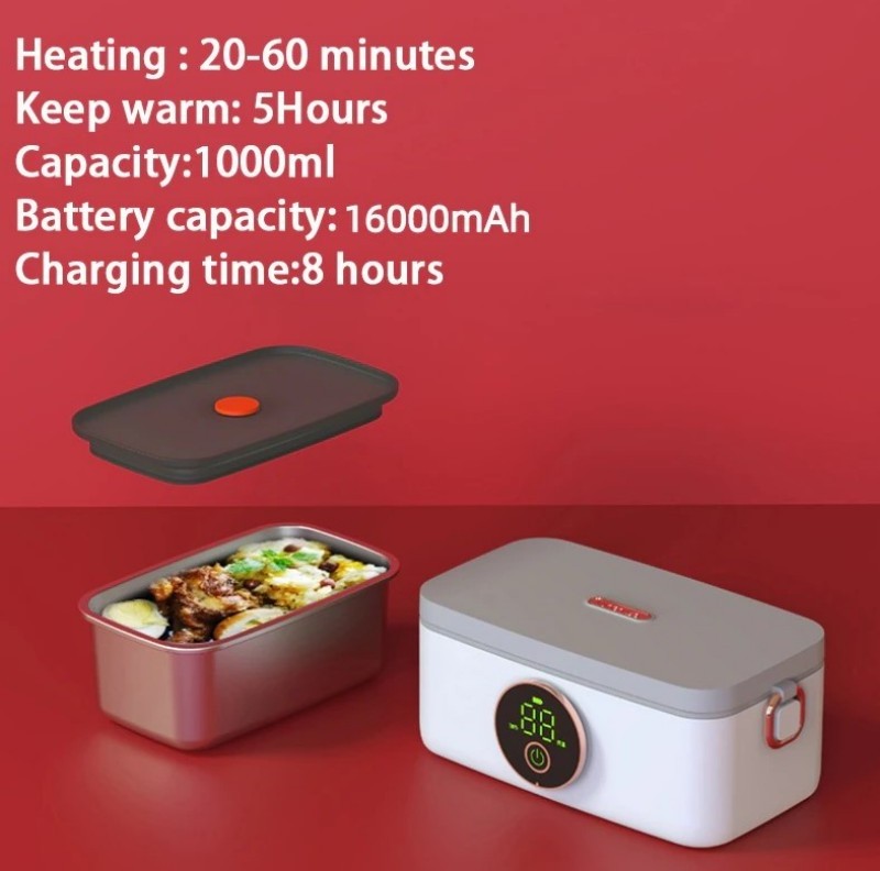 Rechargeable Stainless Steel Electric Lunch Box Food Heater Portable Faster Food Warmer with 1L Removable Container for Car Home