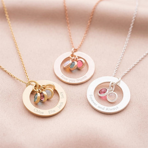 Ouj Custom Name Necklace 18K Gold Plated Jewelry I Love You Mama Circle Lucky Charms Birthstone Brushed Letter Pendant Necklace