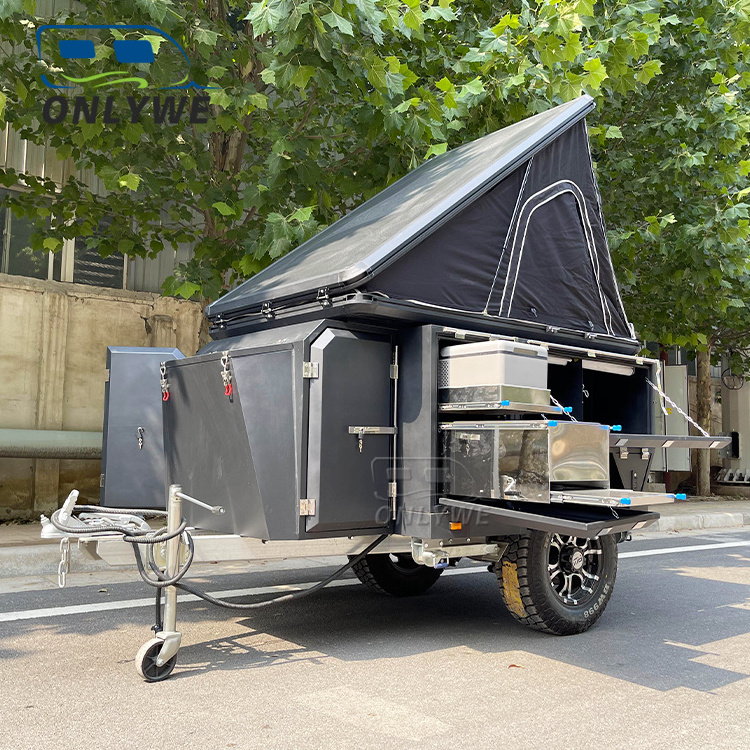 ONLYWE Outdoor Independent Suspension Tiny Offroad Camping Tent Trailer Expandable Camper Trailer With Roof Top Tent For Sale