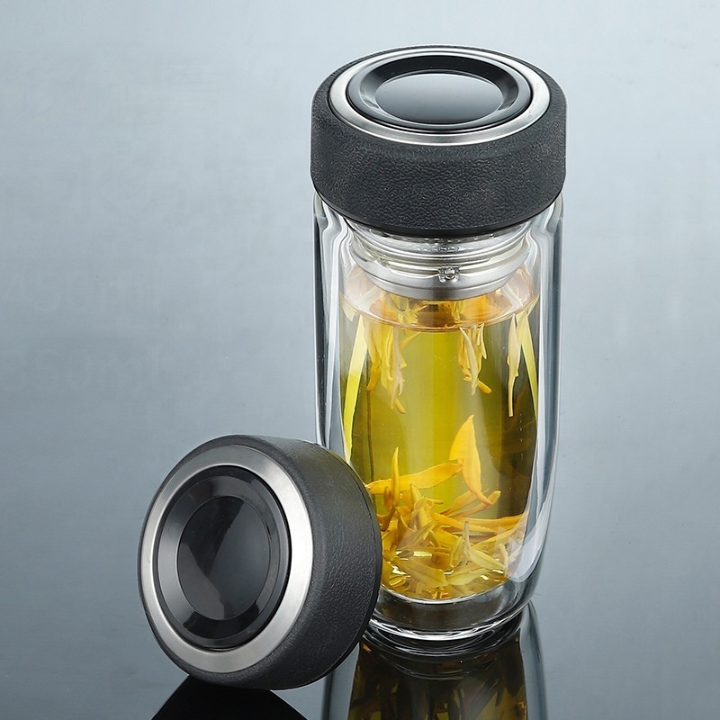 Portable Travel Loose Leaf Tea Tumbler Double Wall Insulated Glass Tea Bottle with Stainless Steel Infuser