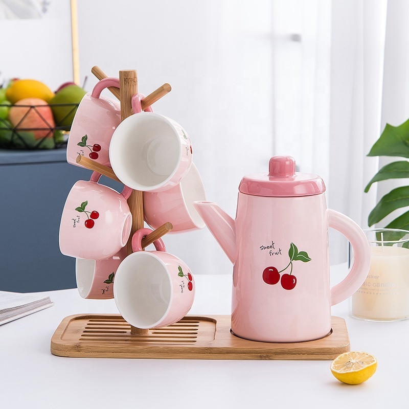 New arrival fruit design ceramic water kettle porcelain tea pot and 6 cups set