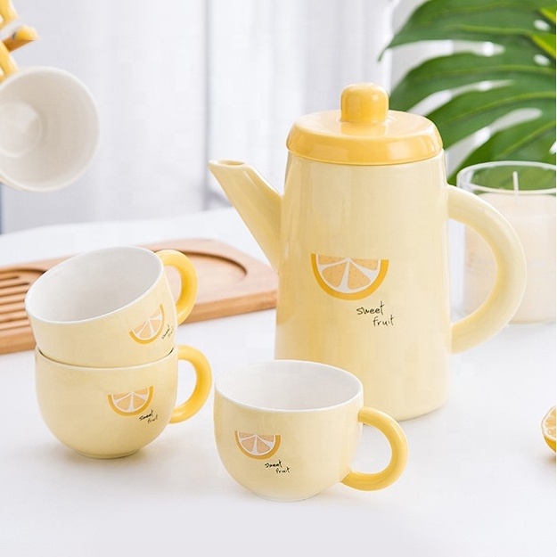 New arrival fruit design ceramic water kettle porcelain tea pot and 6 cups set