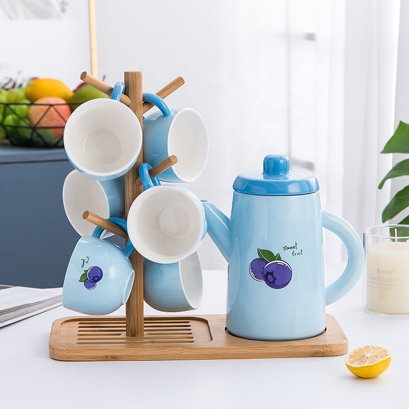 New arrival fruit design ceramic water kettle porcelain tea pot and 6 cups set