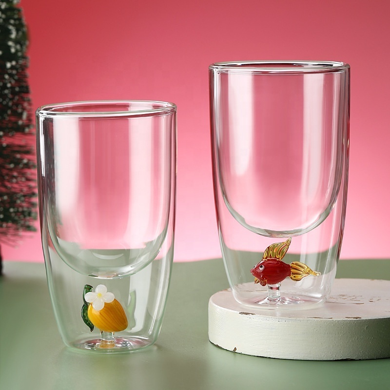 Novelty Double Wall Glass Cup with 3D Bear Inside Glass Fish Mug