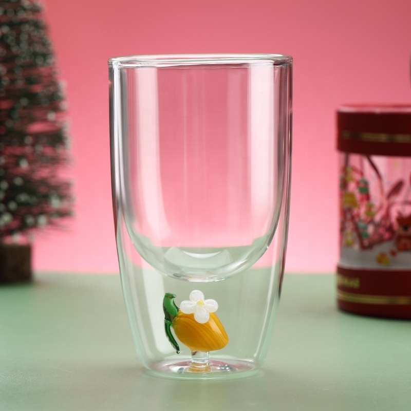 Novelty Double Wall Glass Cup with 3D Bear Inside Glass Fish Mug