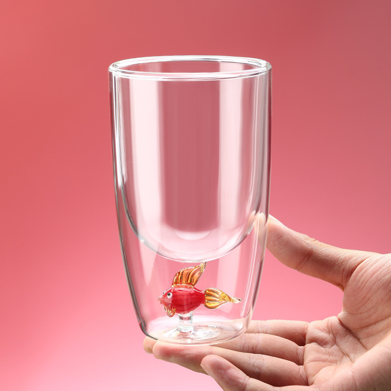 Novelty Double Wall Glass Cup with 3D Bear Inside Glass Fish Mug