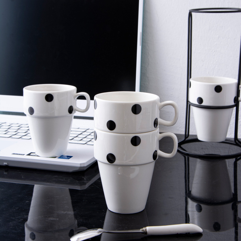 Wholesale Stackable Coffee Mugs Set of 4 with Metal Stand Stacking Ceramic Cups Coffee Mug Set