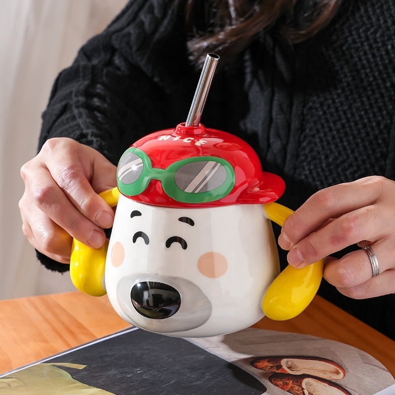 Cute dog shaped mug with two ears handle kawaii 3d animal coffee mug cup with straw