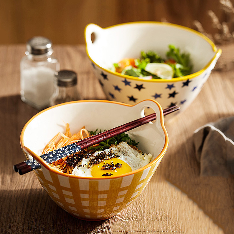 Japanese ramen bowls ceramic salad bowl 7 inch noodle bowl with chopsticks