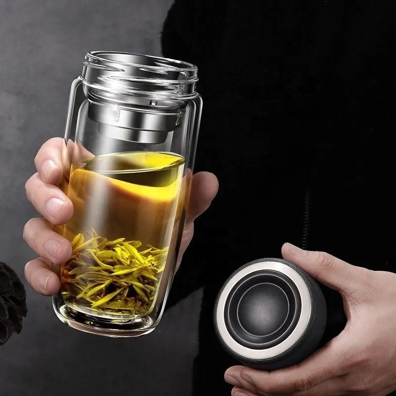 Portable Travel Loose Leaf Tea Tumbler Double Wall Insulated Glass Tea Bottle with Stainless Steel Infuser