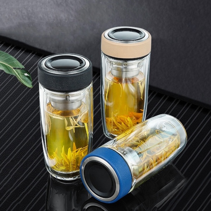 Portable Travel Loose Leaf Tea Tumbler Double Wall Insulated Glass Tea Bottle with Stainless Steel Infuser