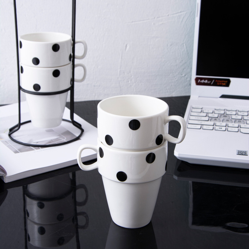 Wholesale Stackable Coffee Mugs Set of 4 with Metal Stand Stacking Ceramic Cups Coffee Mug Set