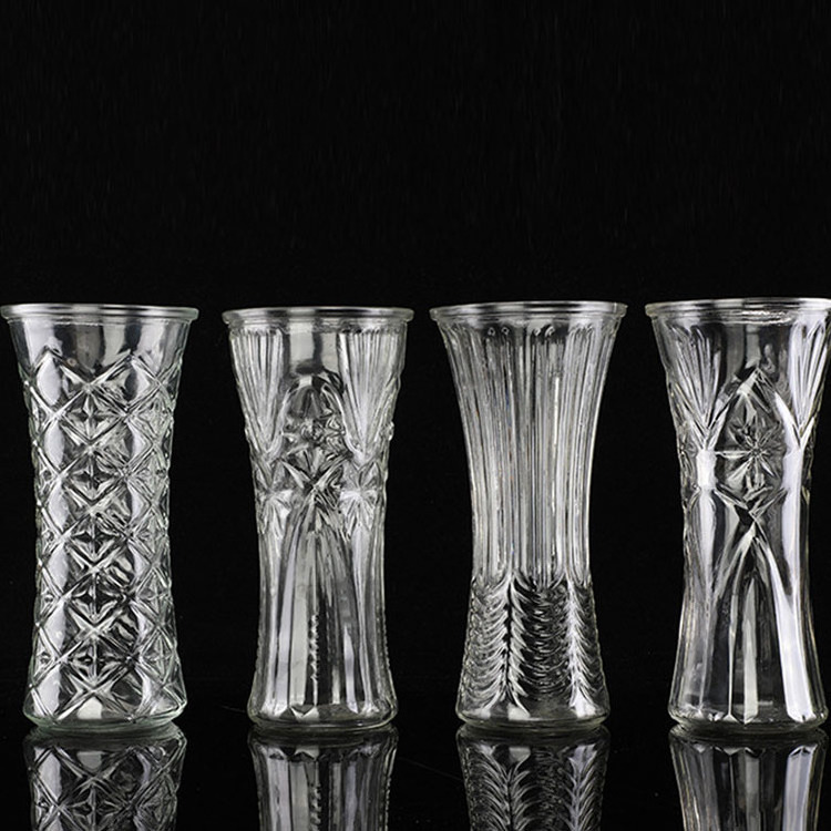 Factory Supplies Cheap Flower Pattern Embossed Clear Flower Glass Vase For Home And Hotel Decoration