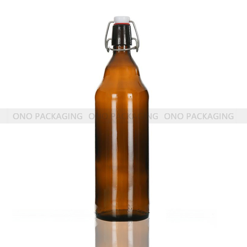 Wholesale Customized logo Box Packaging Recycled Clear Round Classic Swing Top Glass Bottle 1L with Clip Top Stoppers