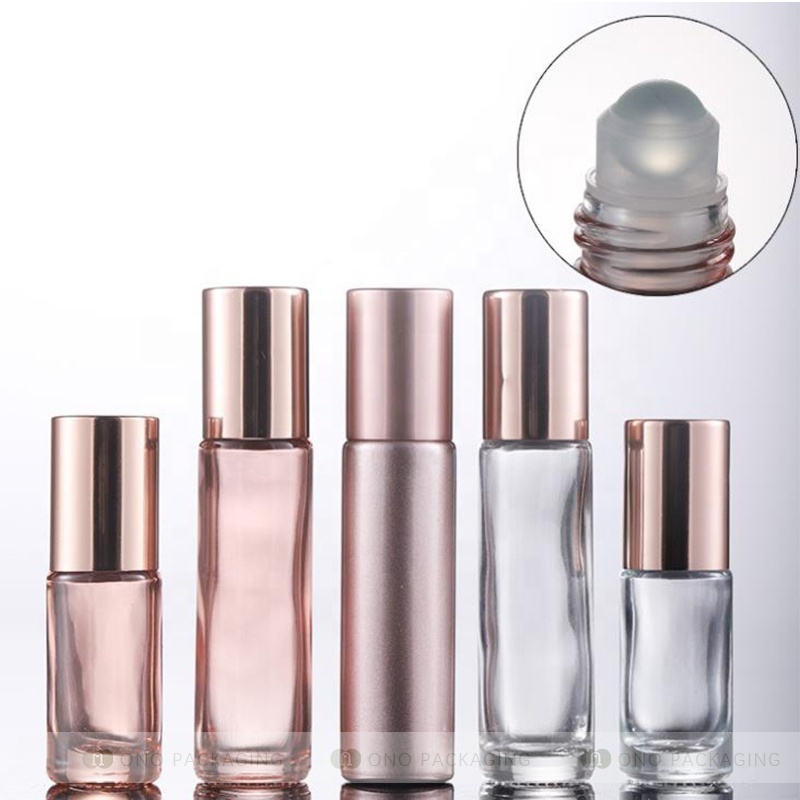 Wholesale Rose Gold Roll On empty Bottle Cosmetic Packaging 5ml 10ml Essential Oil Pink Glass Roller Perfume Bottle