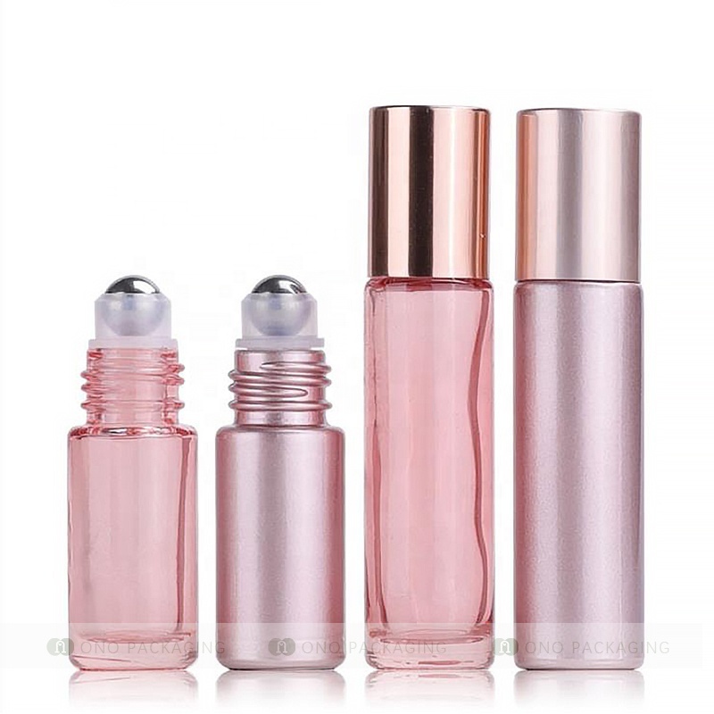 Wholesale Rose Gold Roll On empty Bottle Cosmetic Packaging 5ml 10ml Essential Oil Pink Glass Roller Perfume Bottle