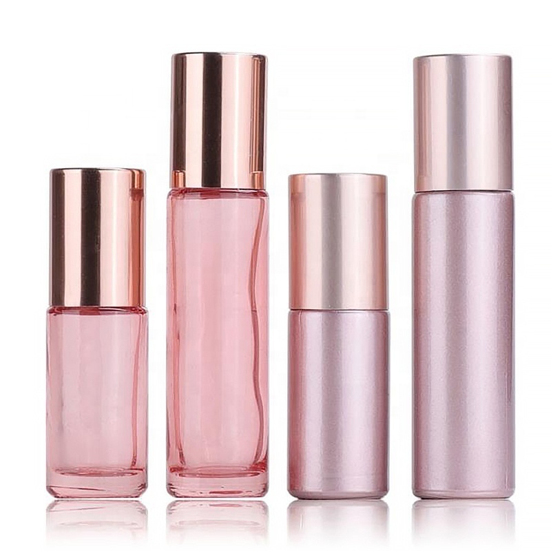 Wholesale Rose Gold Roll On empty Bottle Cosmetic Packaging 5ml 10ml Essential Oil Pink Glass Roller Perfume Bottle