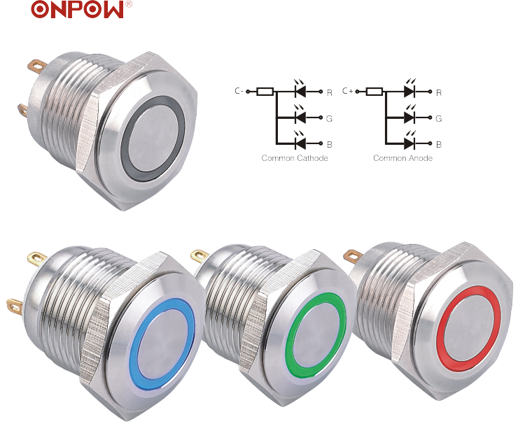 Three colors LED switch Since 1988 ONPOW CE,ROHS 19mm RGB tri-color LED illuminated push button switch