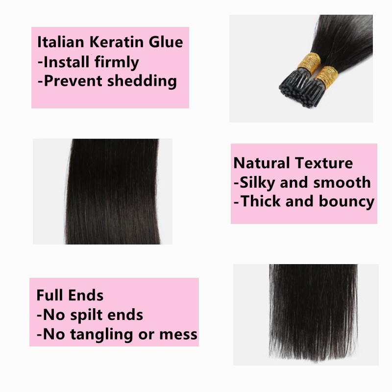 Wholesale 12A Grade Raw Indian Virgin Human Micro Links hair extensions Kinky Straight I tip human hair extensions