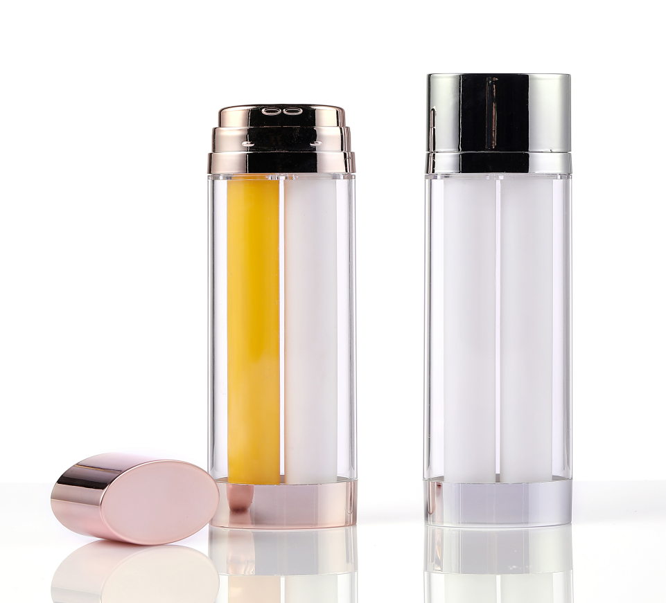 Dual chamber double pump tube bottle 50ml empty recyclable water and oil separation dual tube bottle plastic bottle for cosmetic