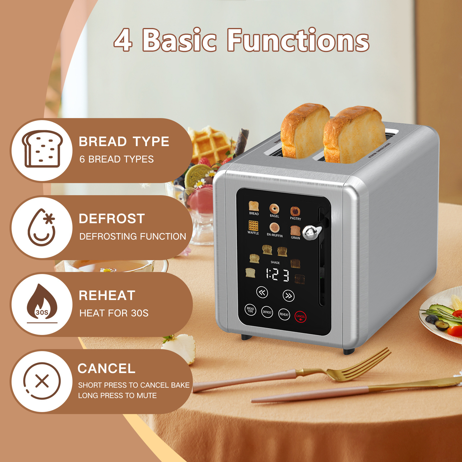 ONSON Automatic 2-Slice Stainless Steel Bread Toaster Fast Heating Breakfast Maker Electric Source Toaster