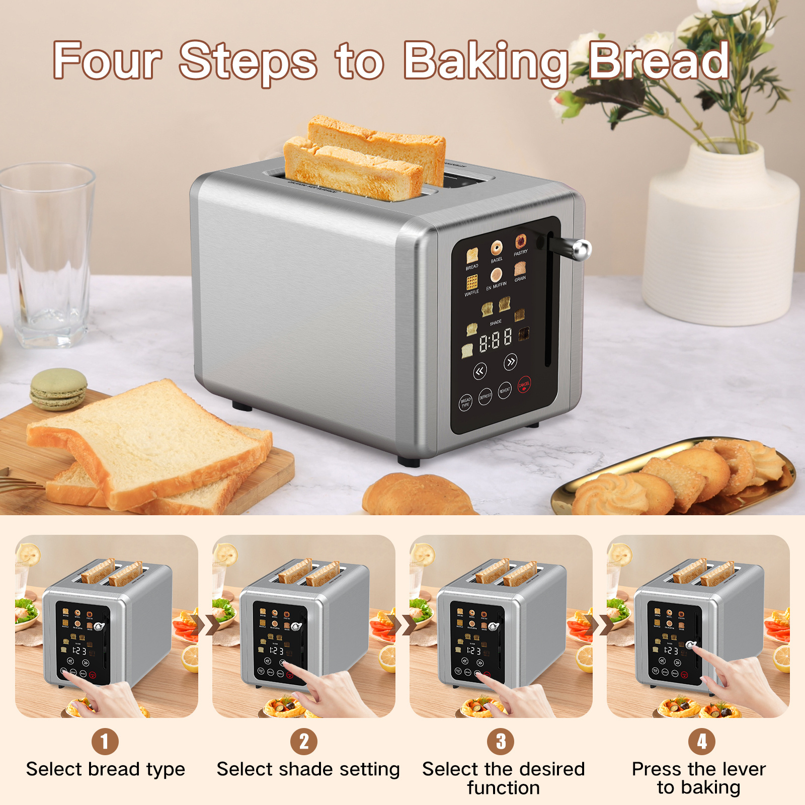 New Design Smart Stainless Steel Bread Toaster Lar Digital Screen Touch Control Multiple Functions Electric Source