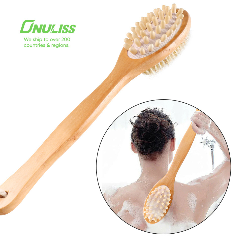 Double Side Wood Long Handle Back Brush Natural Bristle Shower Massage Body Bath Brush