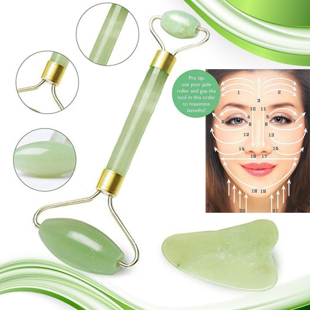 Skin Care Set Jade Roller with Gua Sha Scrapping Massage Tool Facial Massage Tool - Eye Roller - Quarts Roller - Anti-Aging Eye