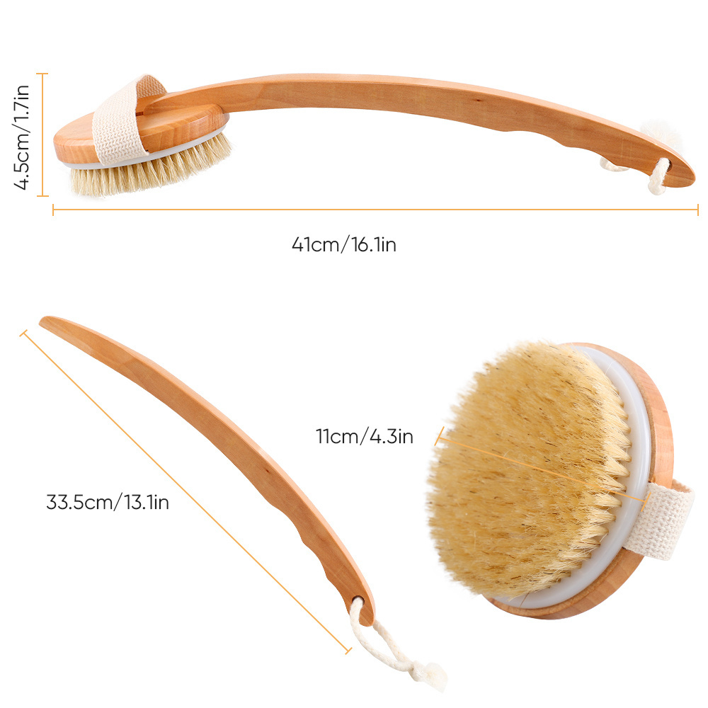 Beechwood Wood Long Handle Shower Bath Body Brush Dry Brush Back Scrubber Skin Exfoliate and Massage Bath Dry Body Brush