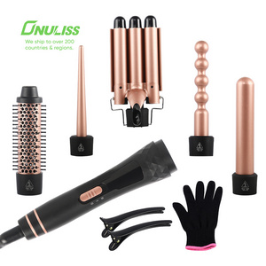 Ceramic Tourmaline Interchangeable Barrels for All Curly and Wavy Hairstyle LED Display Hair Curler 5 in 1 Curling Iron Wand Set