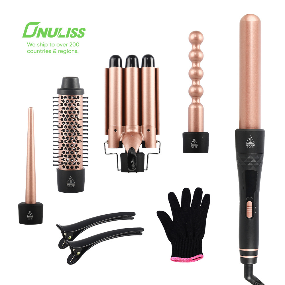 Ceramic Tourmaline Interchangeable Barrels for All Curly and Wavy Hairstyle LED Display Hair Curler 5 in 1 Curling Iron Wand Set