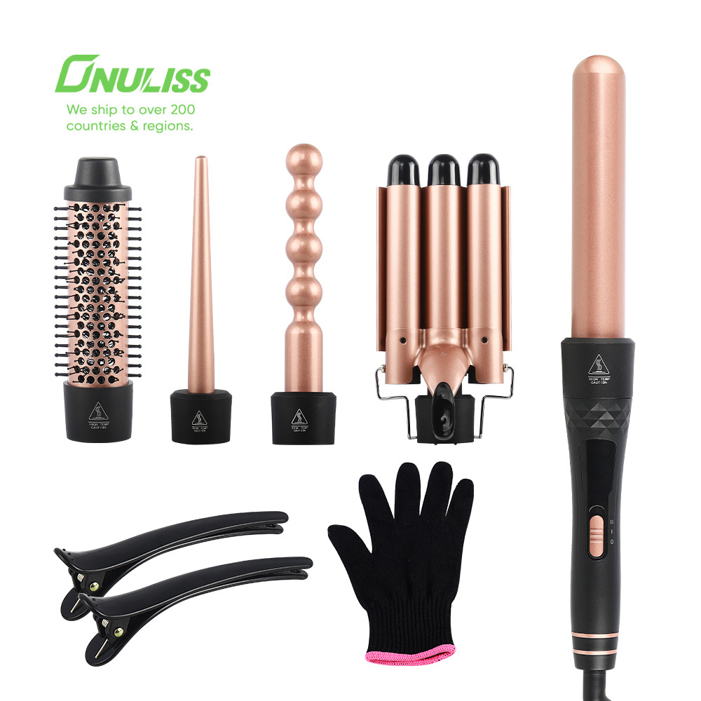 Ceramic Tourmaline Interchangeable Barrels for All Curly and Wavy Hairstyle LED Display Hair Curler 5 in 1 Curling Iron Wand Set