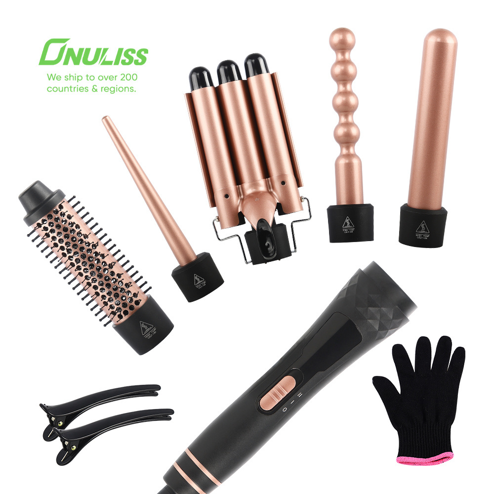 Ceramic Tourmaline Interchangeable Barrels for All Curly and Wavy Hairstyle LED Display Hair Curler 5 in 1 Curling Iron Wand Set