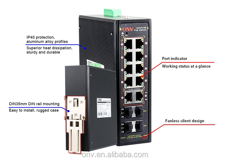 8 12 16 x 10 100 1000 Base TX POE RJ45 Ports 8 Gigabit and 4 x 1G SFP Industrial Ethernet POE Switch (IPS33148PFM)