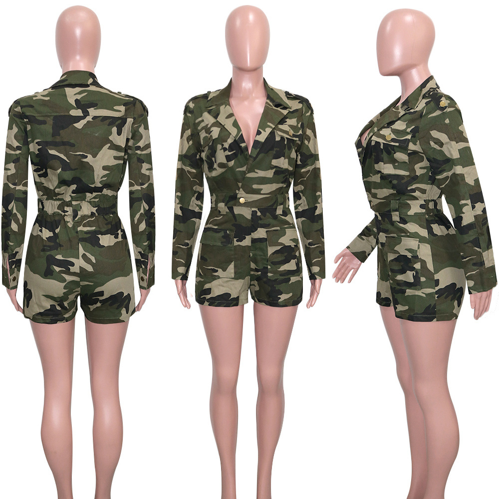 Fashion camo print casual multi-pocket lapel cargo short pants long-sleeved short jumpsuit