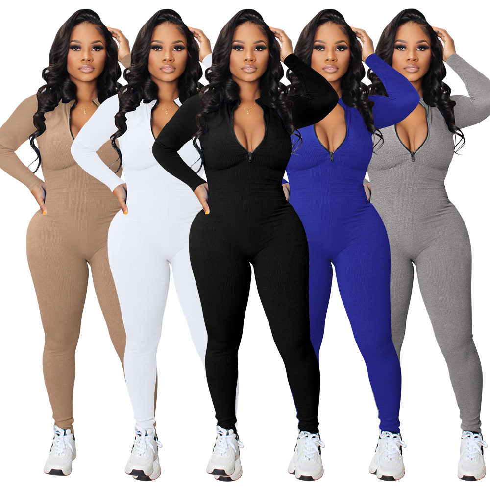 Workout sports long-sleeved one piece bodycon jumpsuit women casual fitness bodysuit