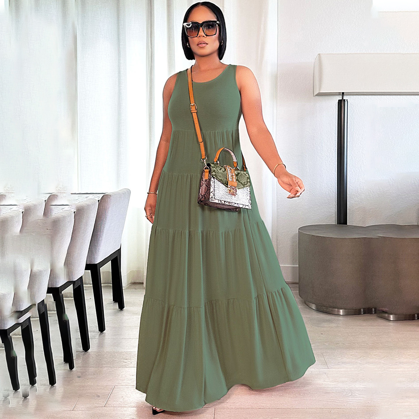 Casual sexy summer cotton sleeveless floor-length long loose cake dress swing dress