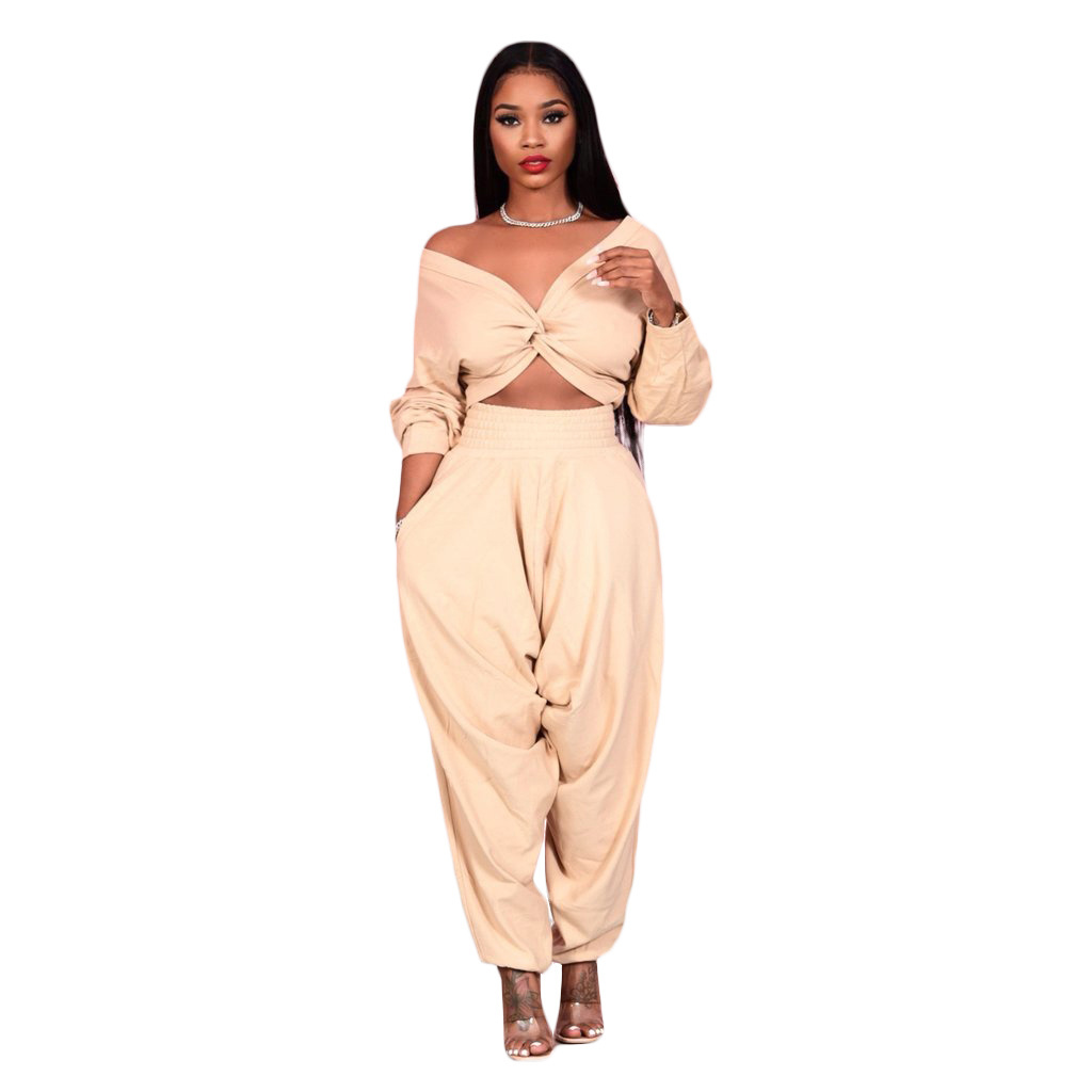 Sexy navel v-neck solid color cross crop top set women suspenders two piece sweat suit women