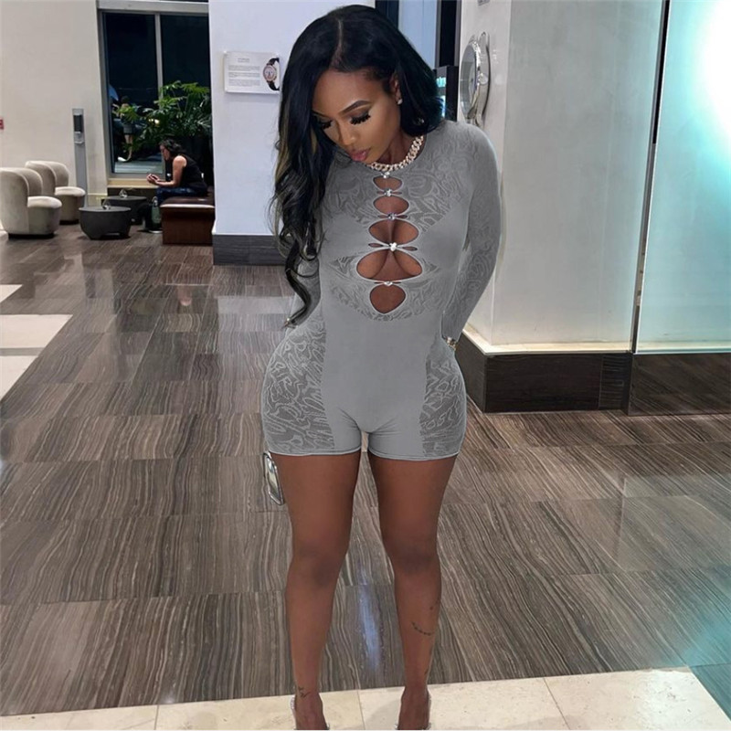 Sexy club mesh see-through long sleeve cutout hollow out slim one piece romper short jumpsuit