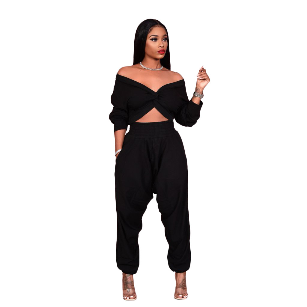 Sexy navel v-neck solid color cross crop top set women suspenders two piece sweat suit women