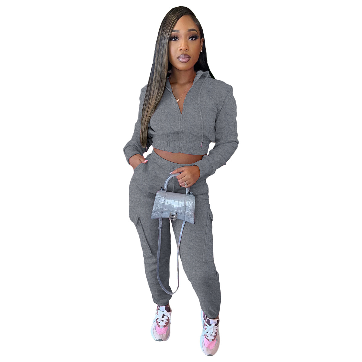 Sport thicken fabric zipper casual hoodie set sweatsuit sets women cargo pants set