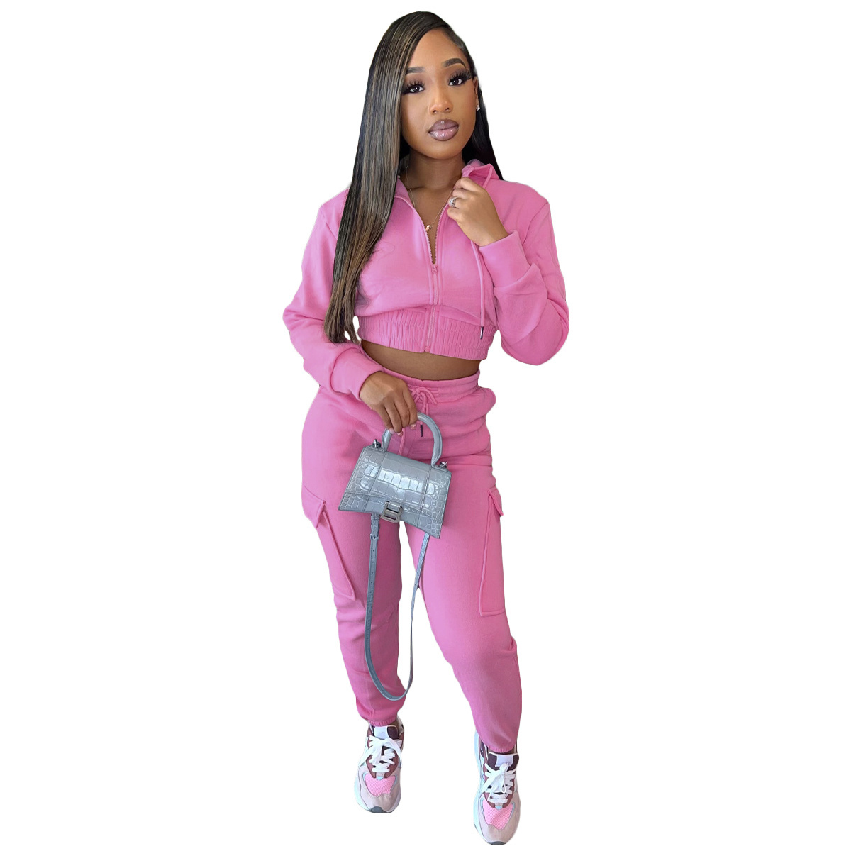 Sport thicken fabric zipper casual hoodie set sweatsuit sets women cargo pants set